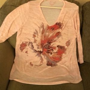 Lucky Brand Women’s V Neck Pink Floral Tunic/T-Shirt 3 Quarter Sleeve Size 2 X